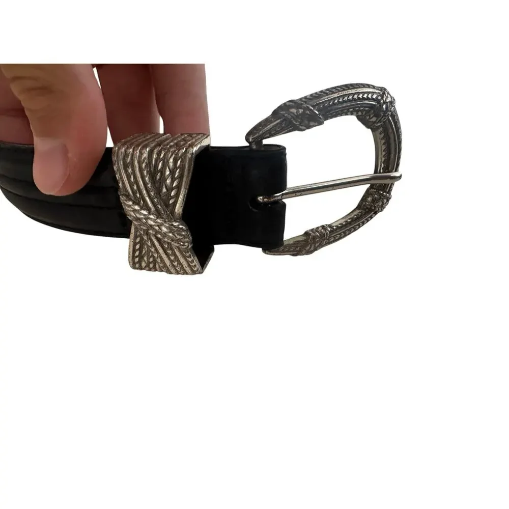 VTG Belt By Sherman Western Belt Unisex 36 Black Italian Leather Silver Buckle
